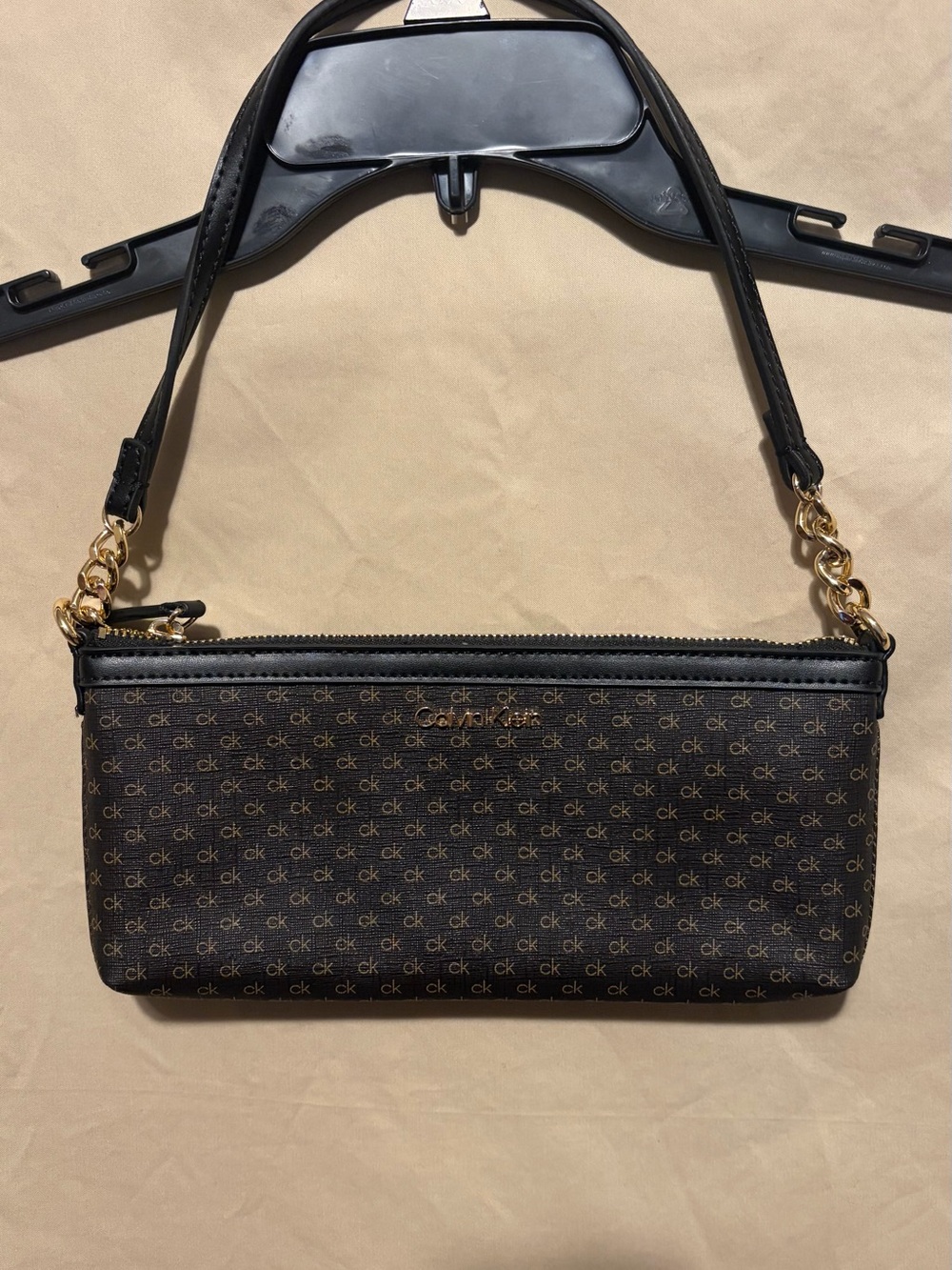 Calvin Klein Brown Monogram Shoulder Bag with Black Strap